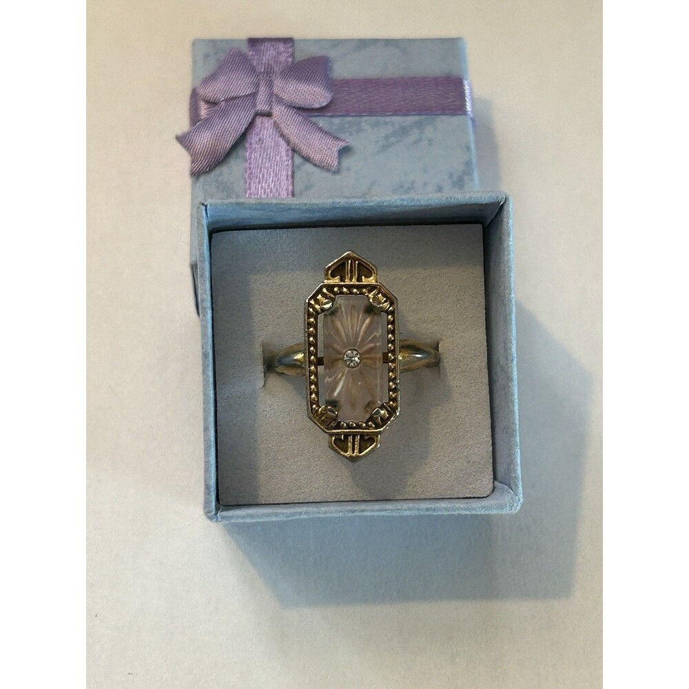VTG 1977 AVON FROSTLIGHT Pink Camphor Glass Ring Art Deco Goldtone Flaws READ